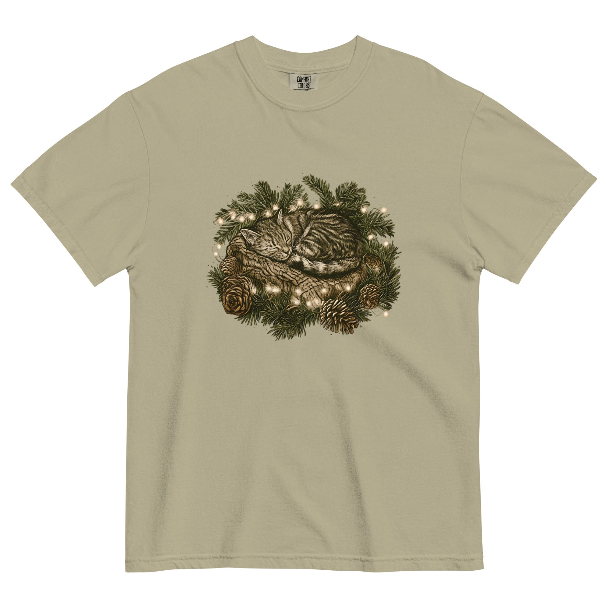 Kitten asleep in a Christmas wreath design on a Khaki garment-dyed cotton t-shirt