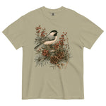 Chickadee and winter berries design on a Khaki garment-dyed cotton t-shirt
