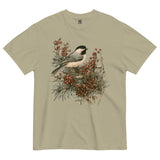 Chickadee and winter berries design on a Khaki garment-dyed cotton t-shirt