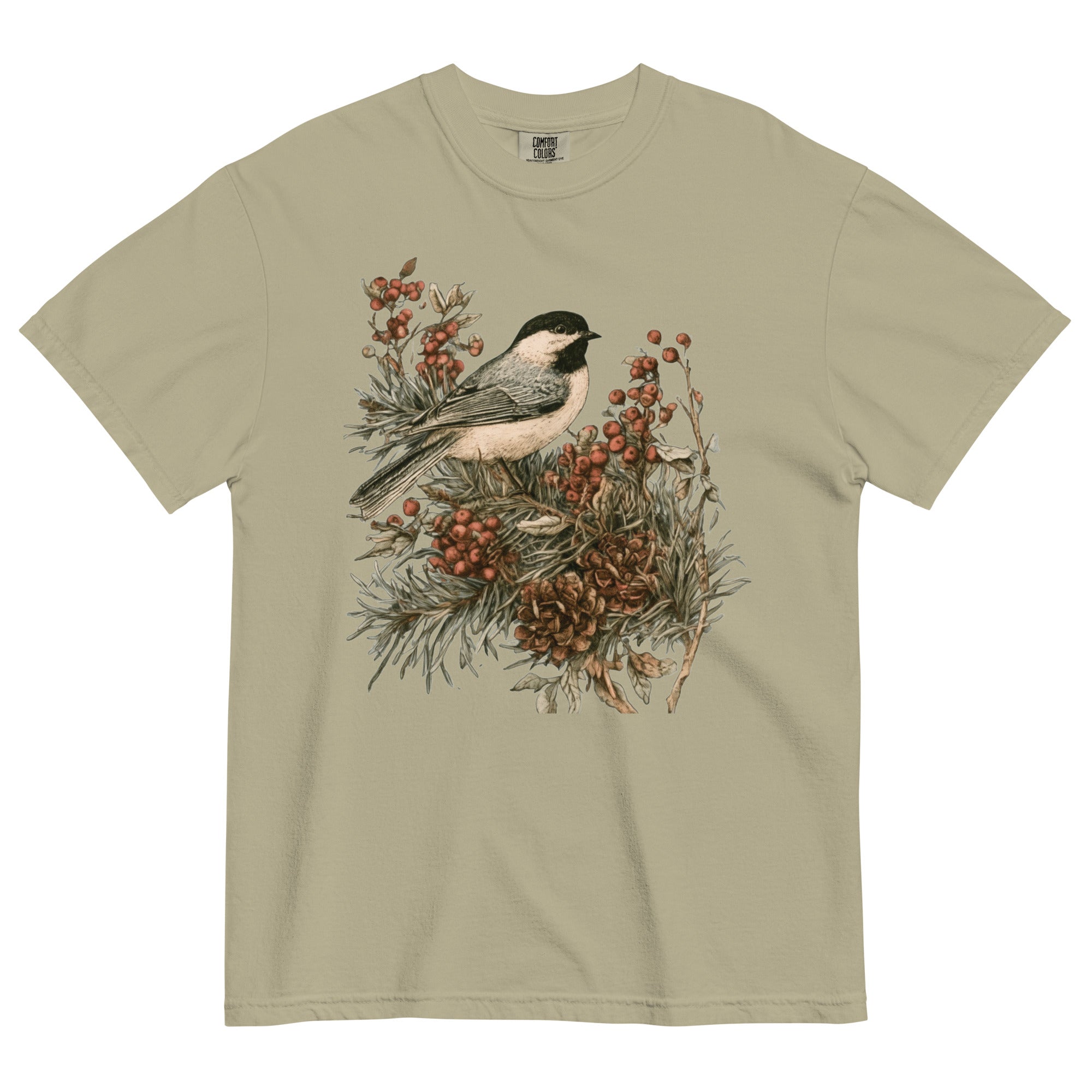 Chickadee and winter berries design on a Khaki garment-dyed cotton t-shirt