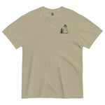 Snowman and pine tree design on a Khaki garment-dyed cotton t-shirt