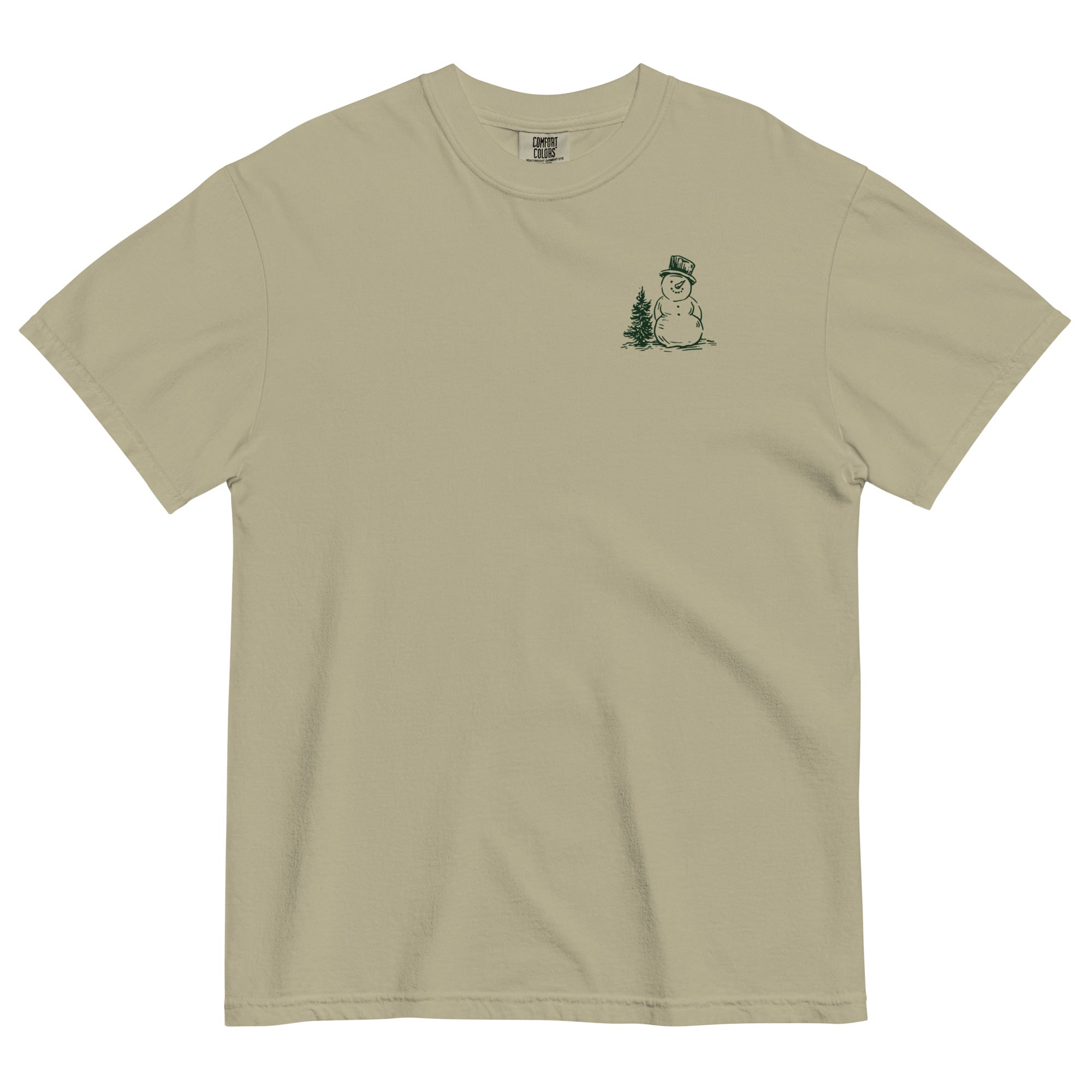 Snowman and pine tree design on a Khaki garment-dyed cotton t-shirt