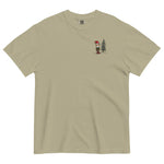 Elf and pine tree design on a Khaki garment-dyed cotton t-shirt