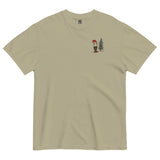 Elf and pine tree design on a Khaki garment-dyed cotton t-shirt