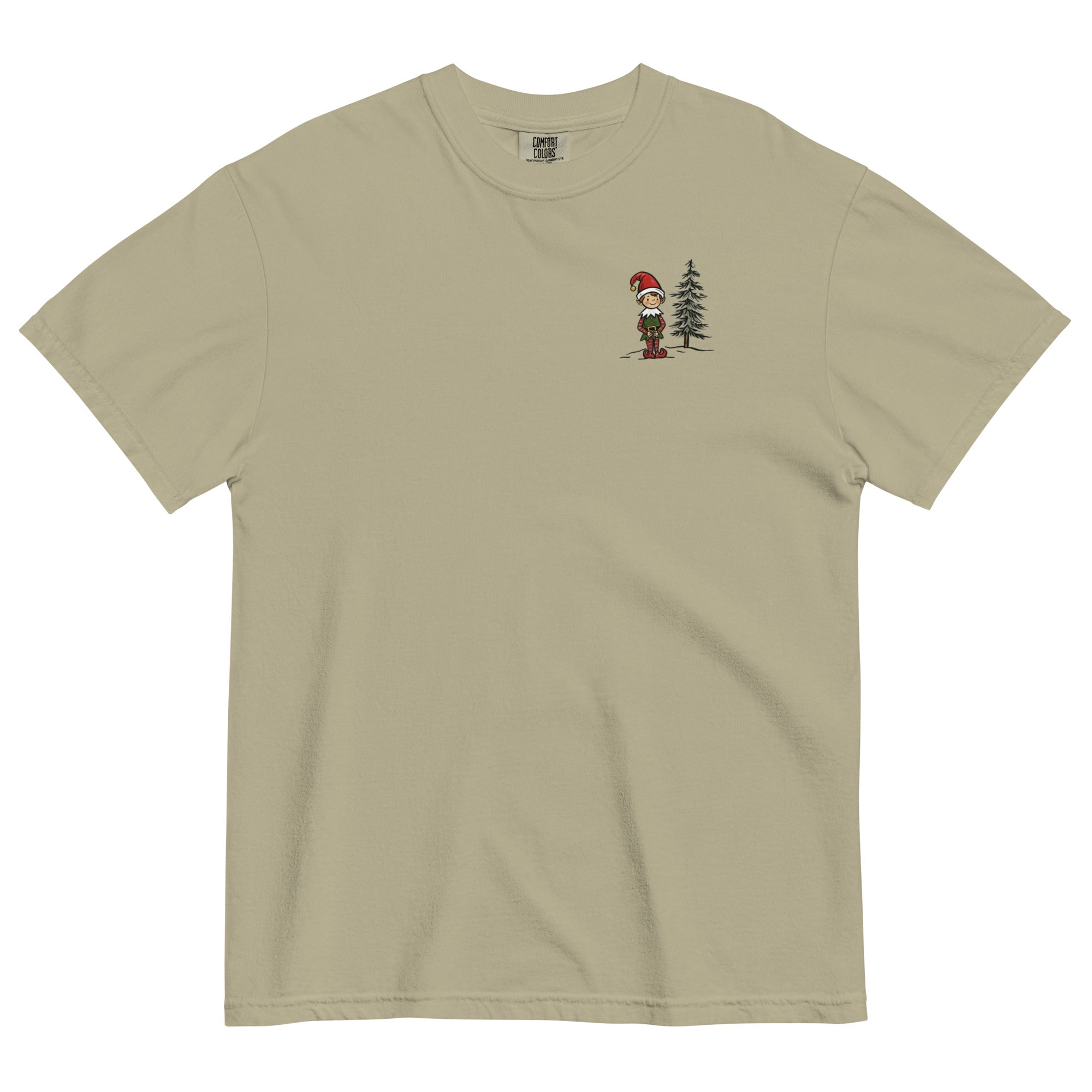 Elf and pine tree design on a Khaki garment-dyed cotton t-shirt