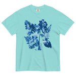 Fern and leaf cyanotype design on a Lagoon Blue garment-dyed cotton t-shirt