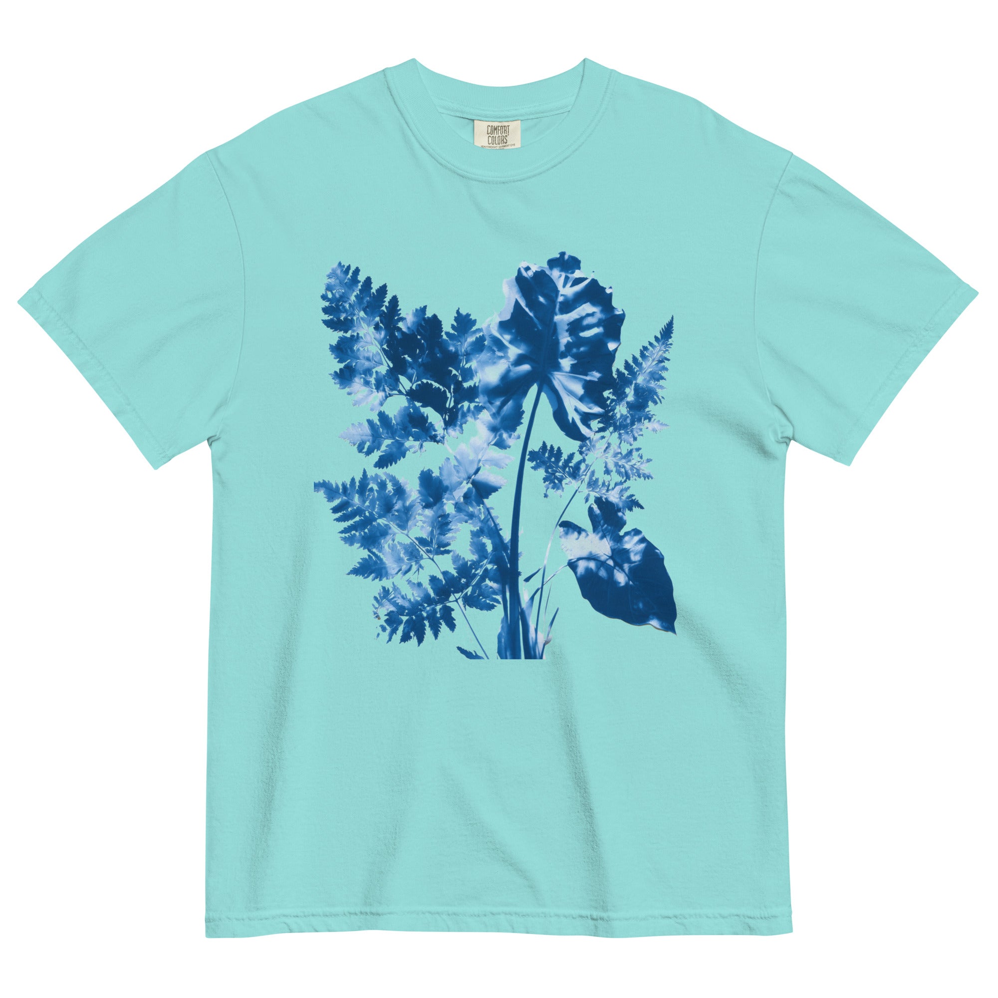 Fern and leaf cyanotype design on a Lagoon Blue garment-dyed cotton t-shirt