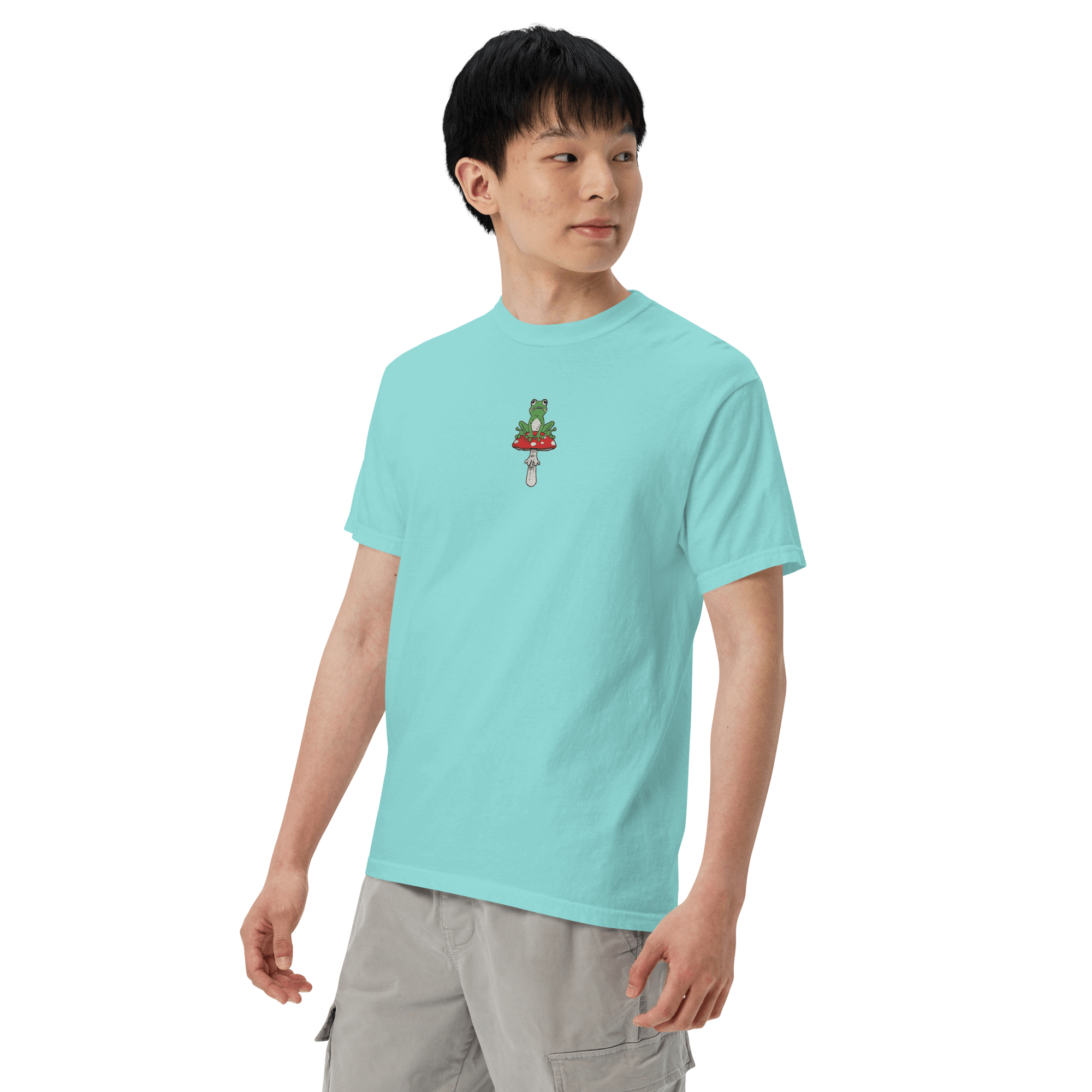 Frog on a Toadstool Embroidered Premium Unisex T-Shirt