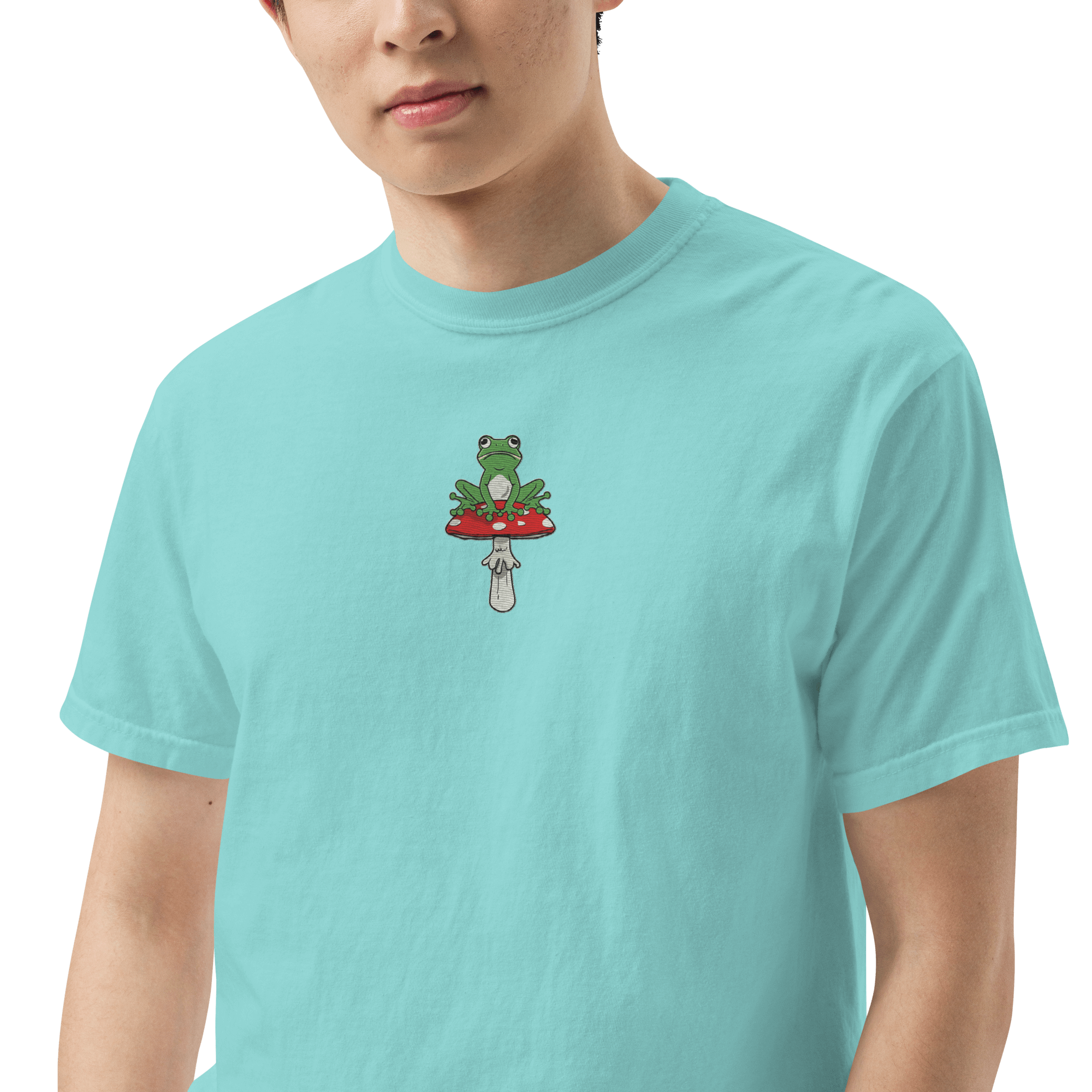 Frog on a Toadstool Embroidered Premium Unisex T-Shirt