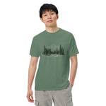 Mountain road and pine forest design on a Light Green garment-dyed cotton t-shirt