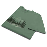 Mountain road and pine forest design on a Light Green garment-dyed cotton t-shirt