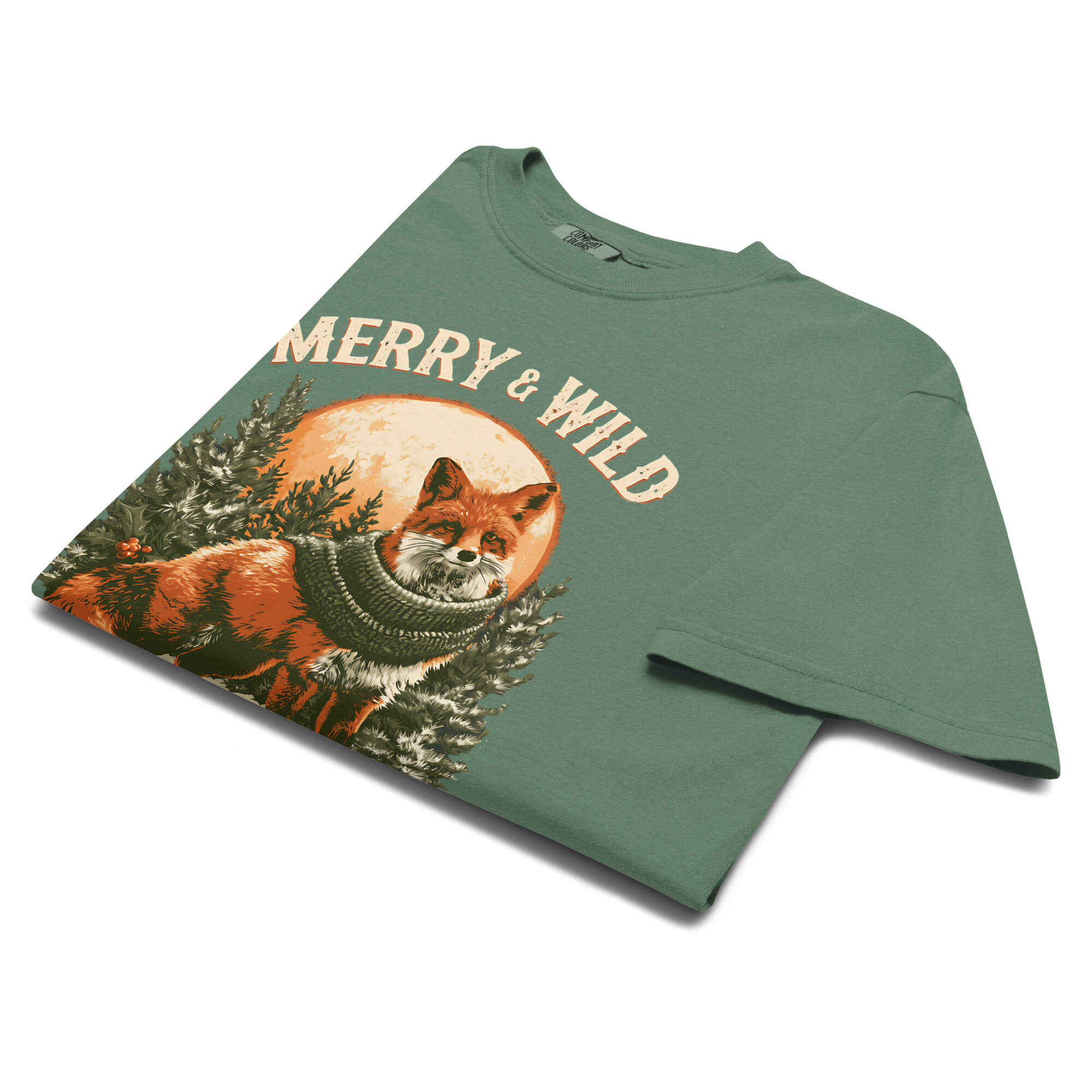 Fox in scarf Christmas design on a Light Green garment-dyed cotton t-shirt