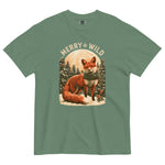 Fox in the snow Christmas design on a Light Green garment-dyed cotton t-shirt