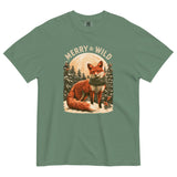 Fox in the snow Christmas design on a Light Green garment-dyed cotton t-shirt