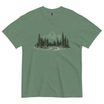 Mountain road and pine forest design on a Light Green garment-dyed cotton t-shirt