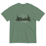 Mountain road and pine forest design on a Light Green garment-dyed cotton t-shirt