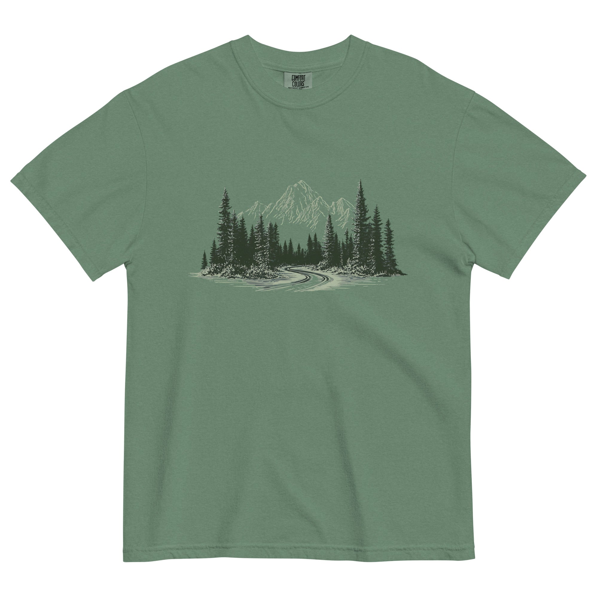 Mountain road and pine forest design on a Light Green garment-dyed cotton t-shirt