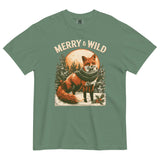 Fox in scarf Christmas design on a Light Green garment-dyed cotton t-shirt