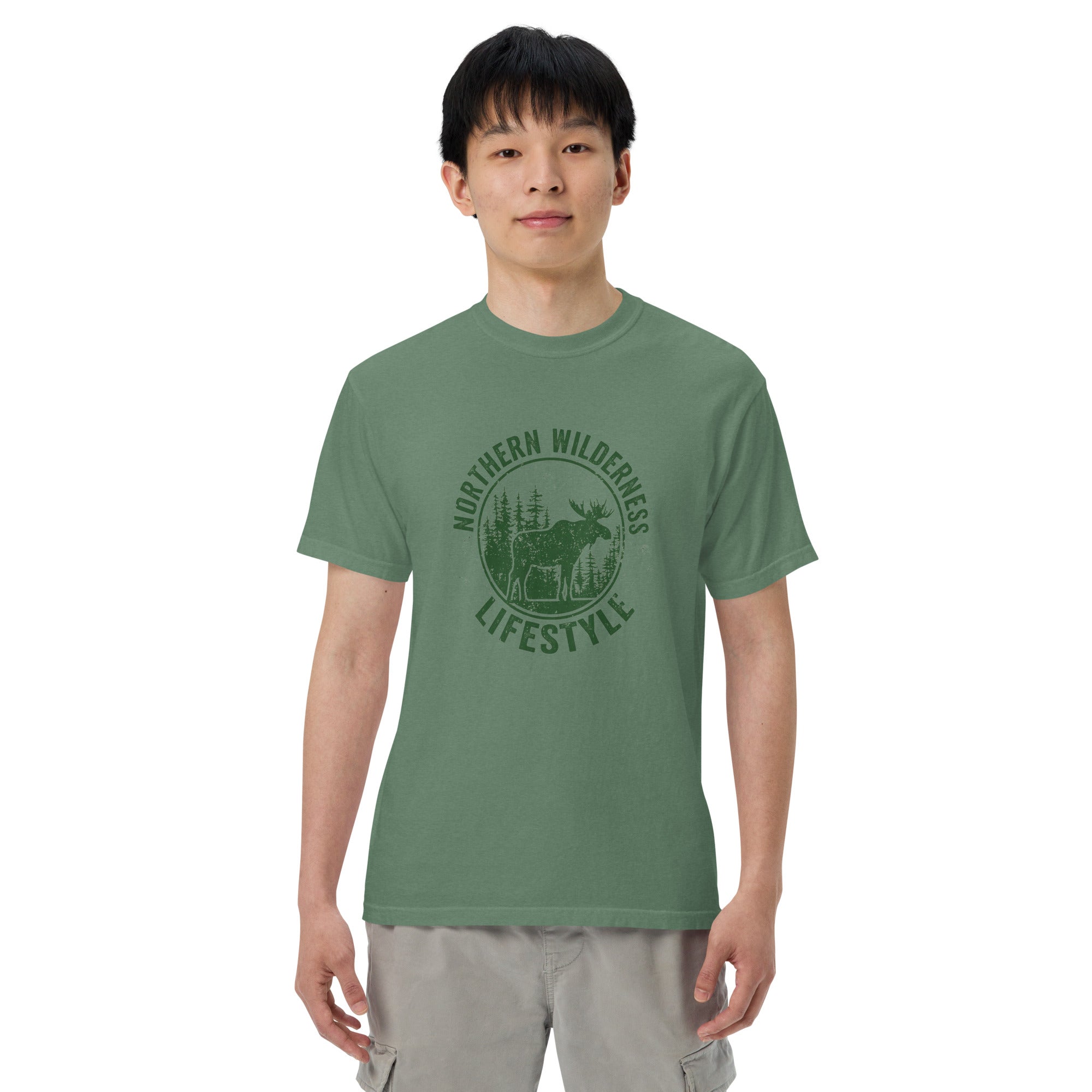 Moose wilderness badge design on a Light Green garment-dyed cotton t-shirt
