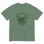 Moose wilderness badge design on a Light Green garment-dyed cotton t-shirt