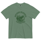 Moose wilderness badge design on a Light Green garment-dyed cotton t-shirt