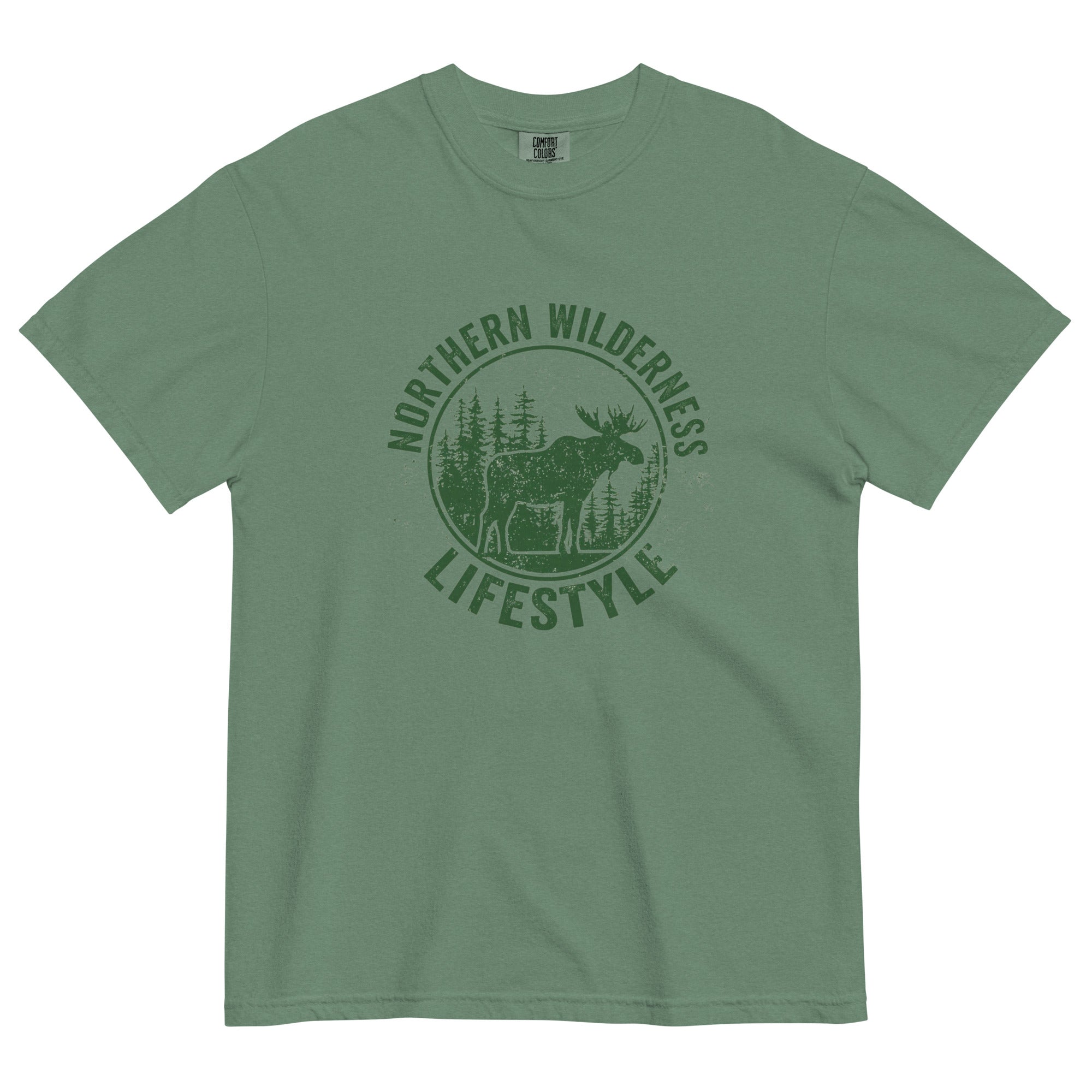 Moose wilderness badge design on a Light Green garment-dyed cotton t-shirt