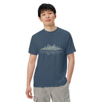 Mountain lake reflection design on a Midnight garment-dyed cotton t-shirt