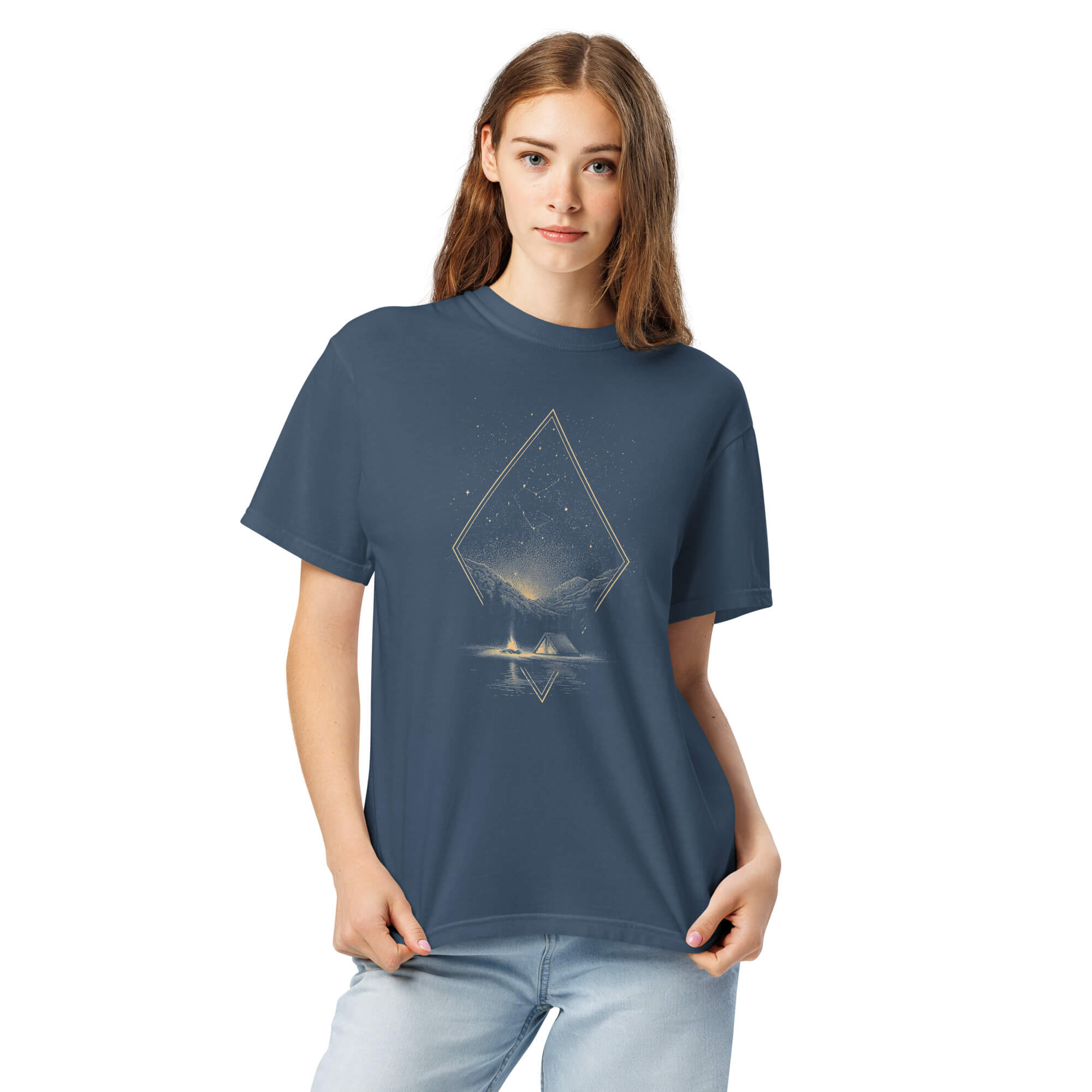 Camping under the stars design on a Midnight garment-dyed cotton t-shirt