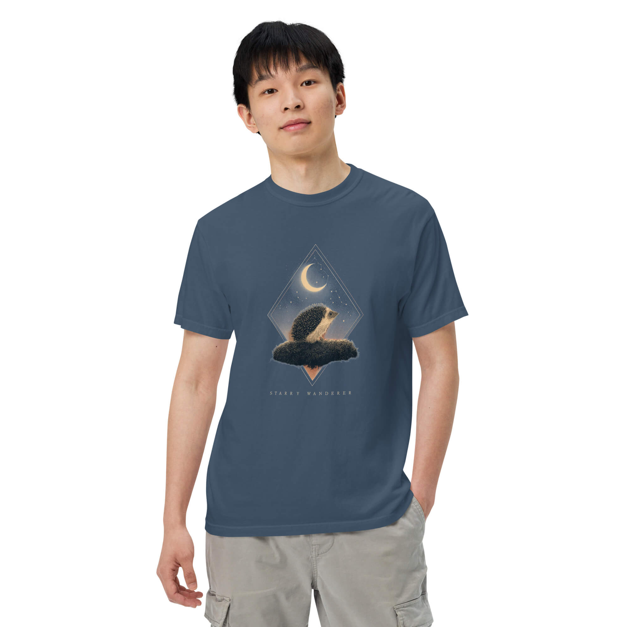 Hedgehog and crescent moon design on a Midnight garment-dyed cotton t-shirt