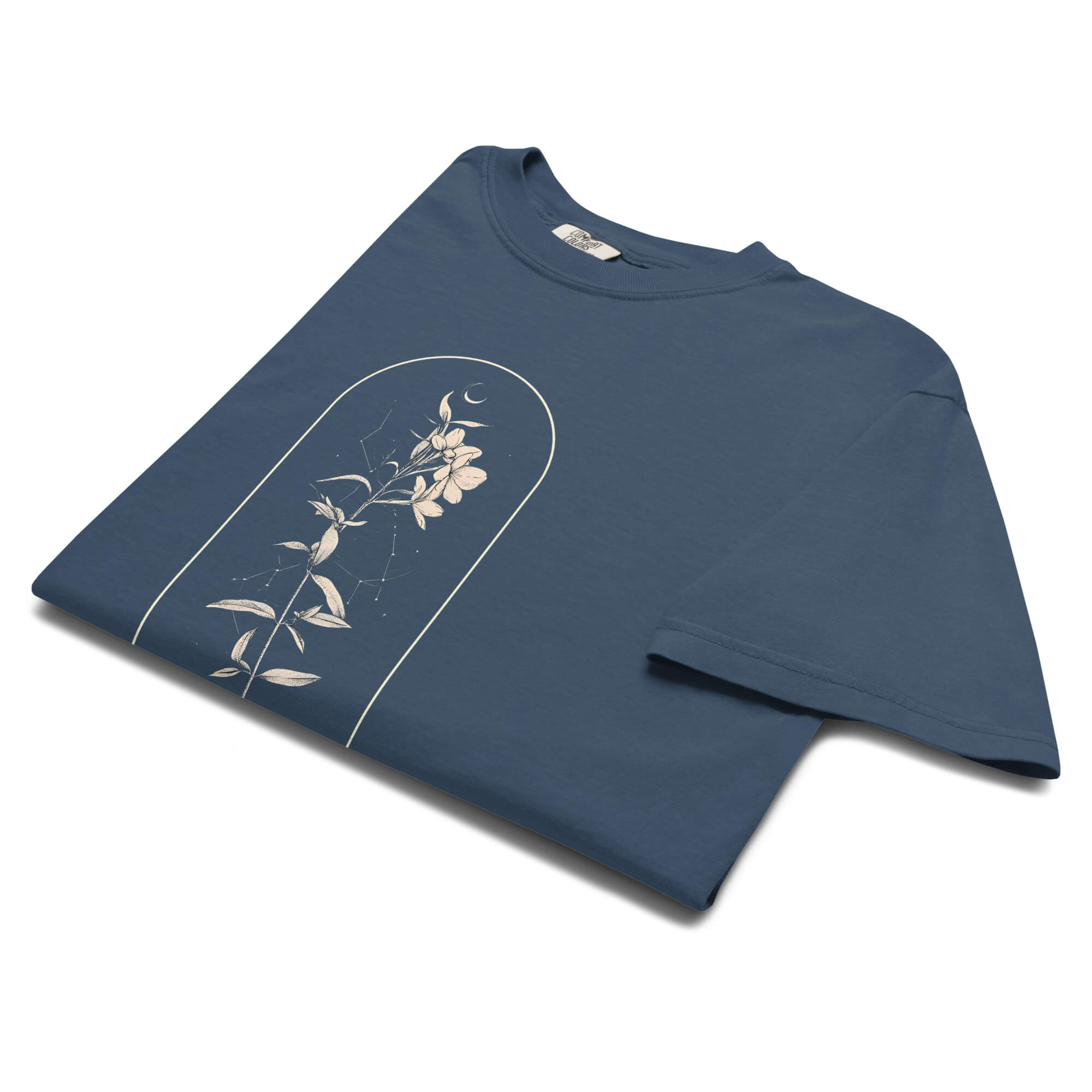 Wildflower and constellation design on a Midnight garment-dyed cotton t-shirt