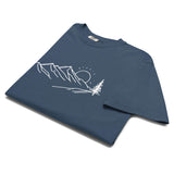 Mountain sunrise line design on a Midnight garment-dyed cotton t-shirt