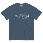 Mountain sunrise line design on a Midnight garment-dyed cotton t-shirt