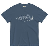 Mountain sunrise line design on a Midnight garment-dyed cotton t-shirt
