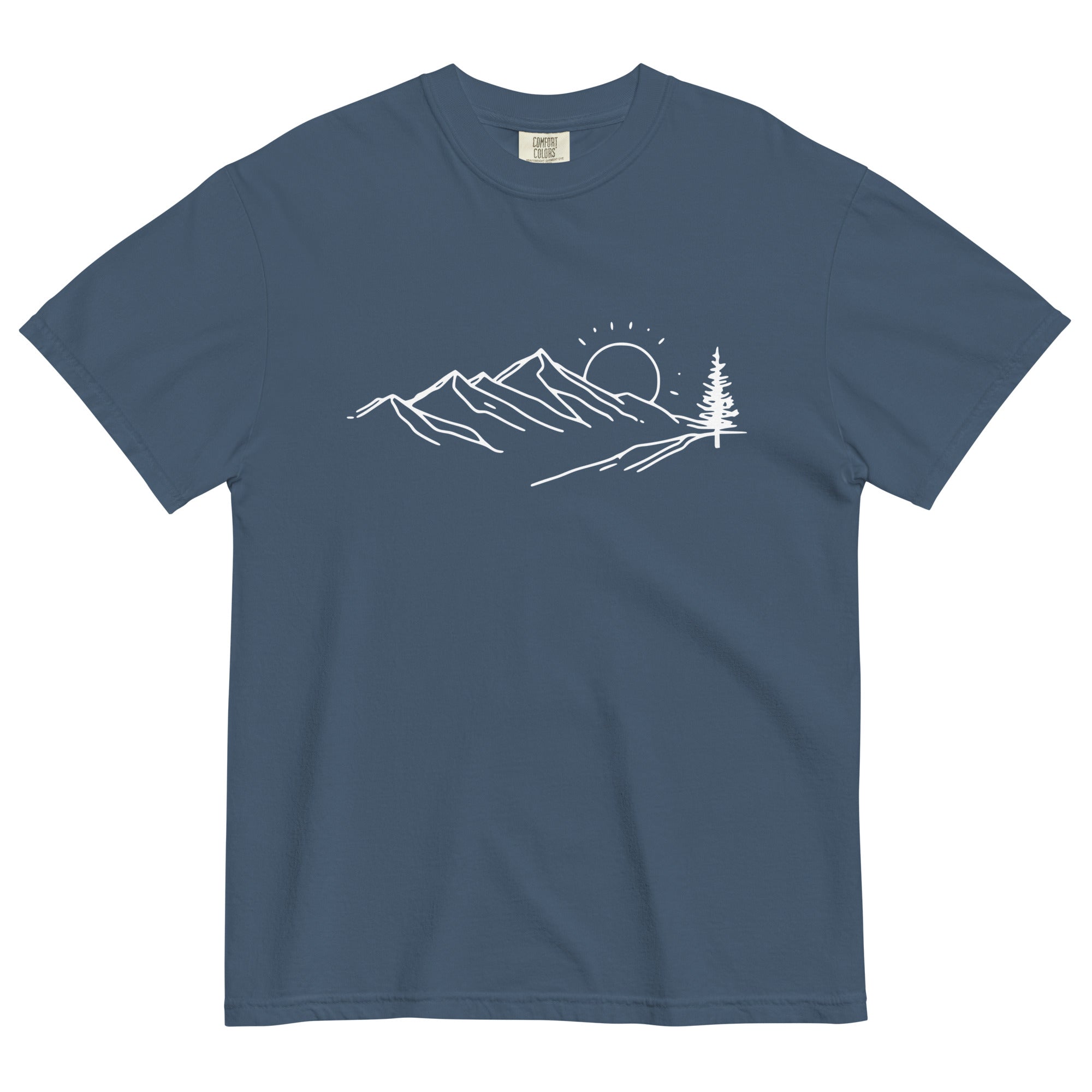 Mountain sunrise line design on a Midnight garment-dyed cotton t-shirt