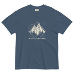 Mountain peaks and orbital rings design on a Midnight garment-dyed cotton t-shirt