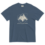 Mountain peaks and orbital rings design on a Midnight garment-dyed cotton t-shirt