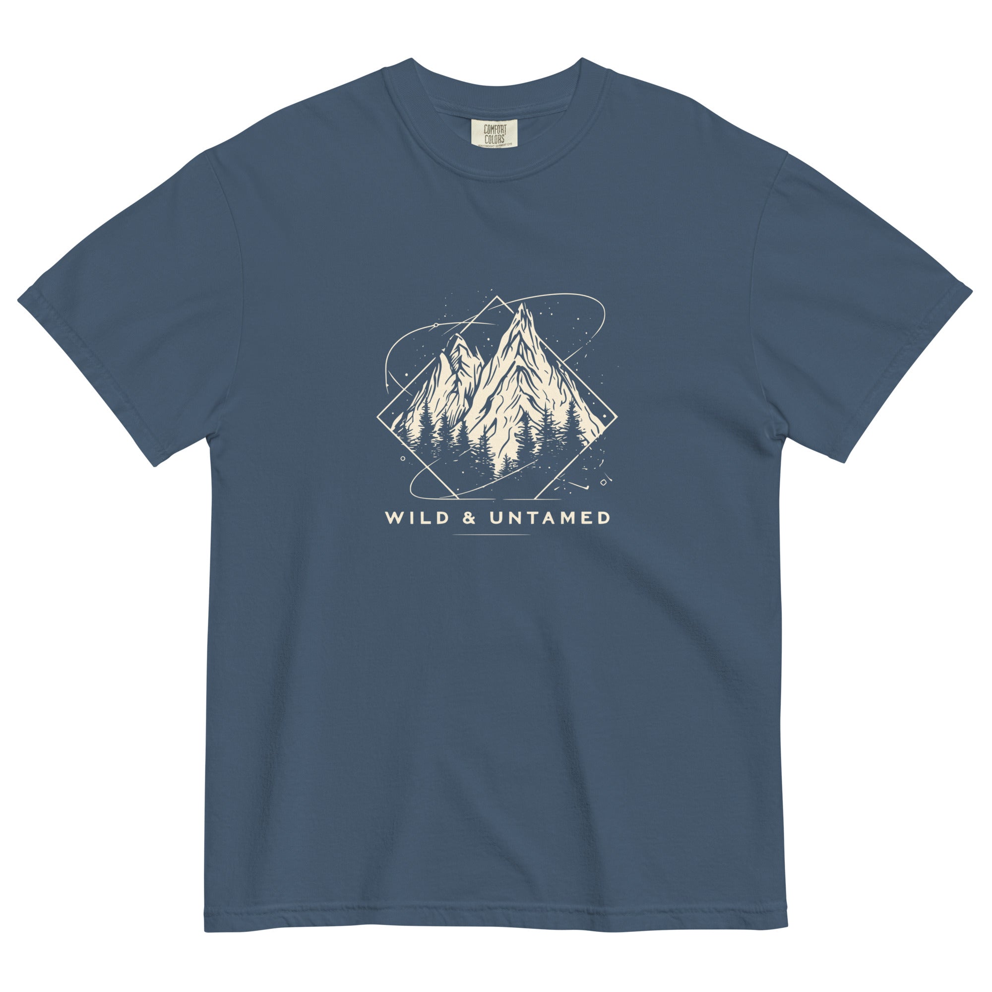 Mountain peaks and orbital rings design on a Midnight garment-dyed cotton t-shirt