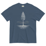 Pine tree and roots design on a Midnight garment-dyed cotton t-shirt