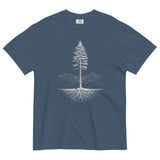 Pine tree and roots design on a Midnight garment-dyed cotton t-shirt