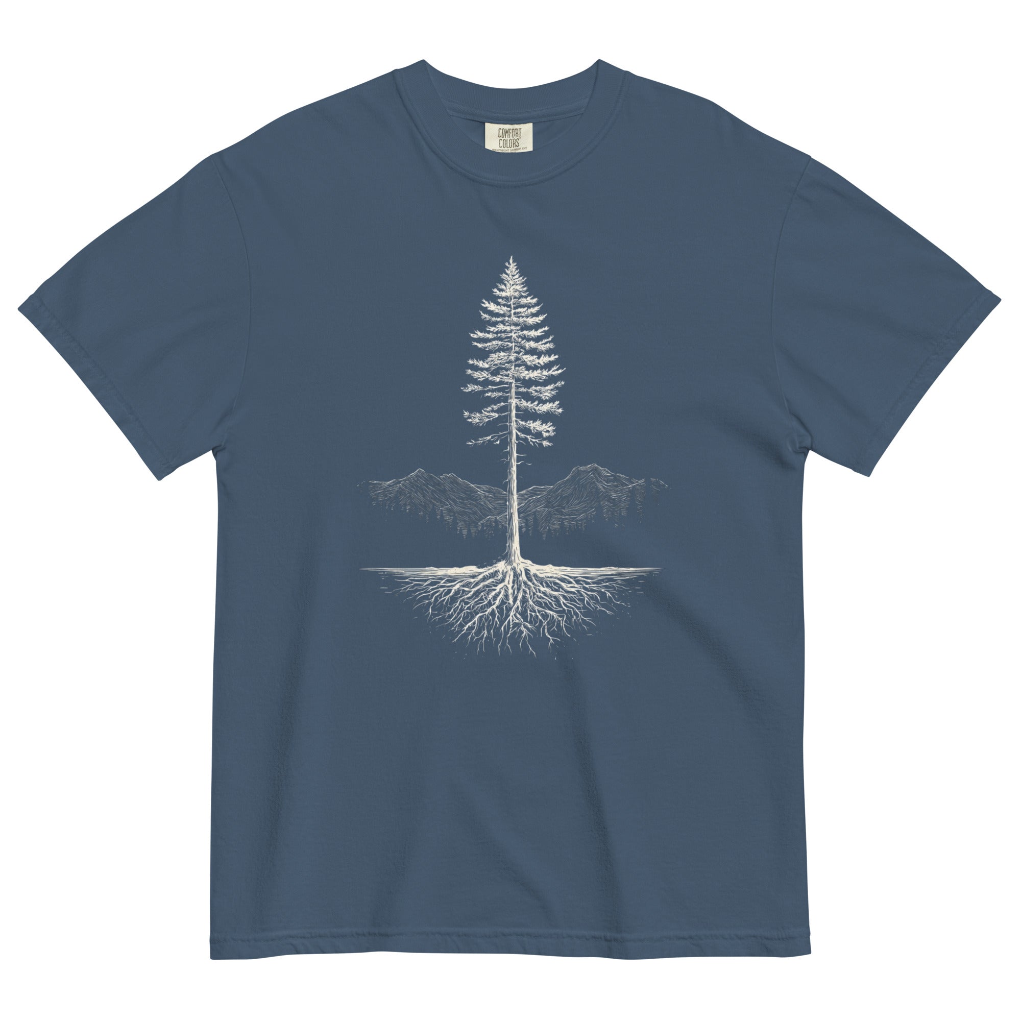 Pine tree and roots design on a Midnight garment-dyed cotton t-shirt