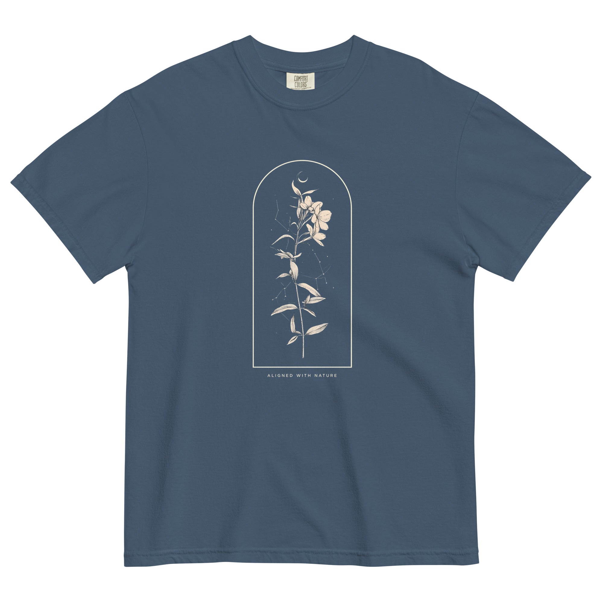 Wildflower and constellation design on a Midnight garment-dyed cotton t-shirt