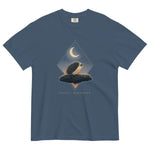 Hedgehog and crescent moon design on a Midnight garment-dyed cotton t-shirt