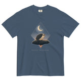 Hedgehog and crescent moon design on a Midnight garment-dyed cotton t-shirt