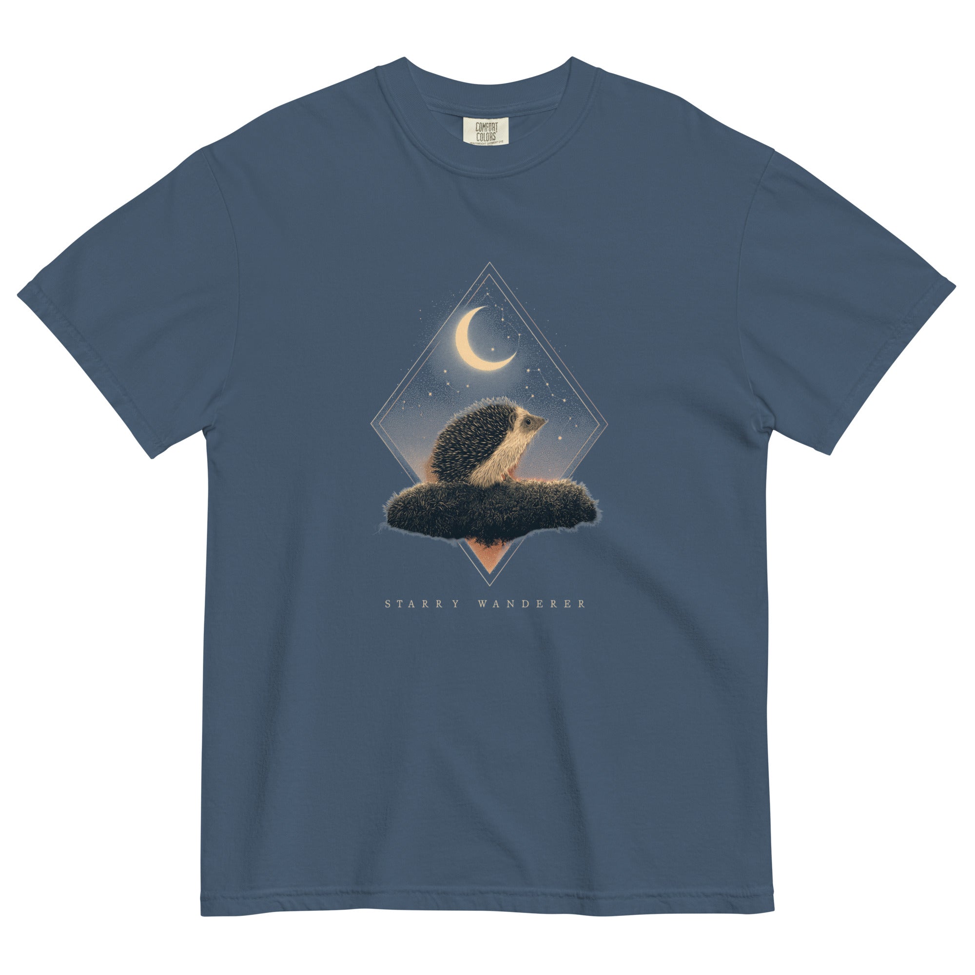Hedgehog and crescent moon design on a Midnight garment-dyed cotton t-shirt