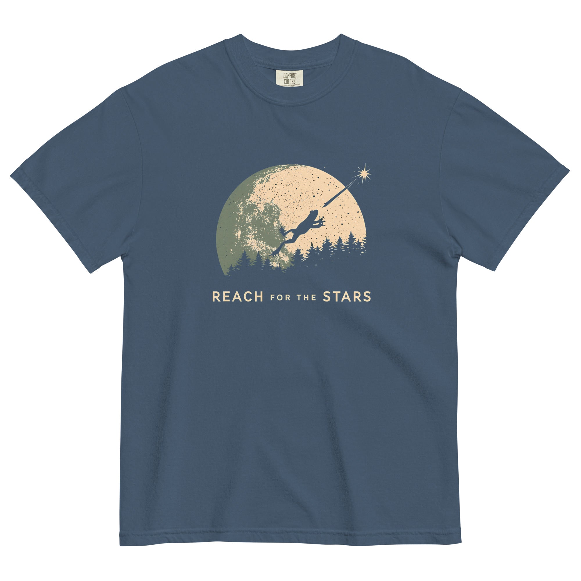 Frog and full moon design on a Midnight garment-dyed cotton t-shirt