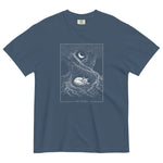 Sleeping fox and ancient tree design on a Midnight garment-dyed cotton t-shirt