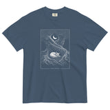 Sleeping fox and ancient tree design on a Midnight garment-dyed cotton t-shirt