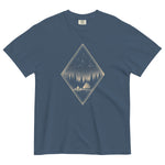 Camping tent and starfield design on a Midnight garment-dyed cotton t-shirt