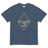 Camping tent and starfield design on a Midnight garment-dyed cotton t-shirt