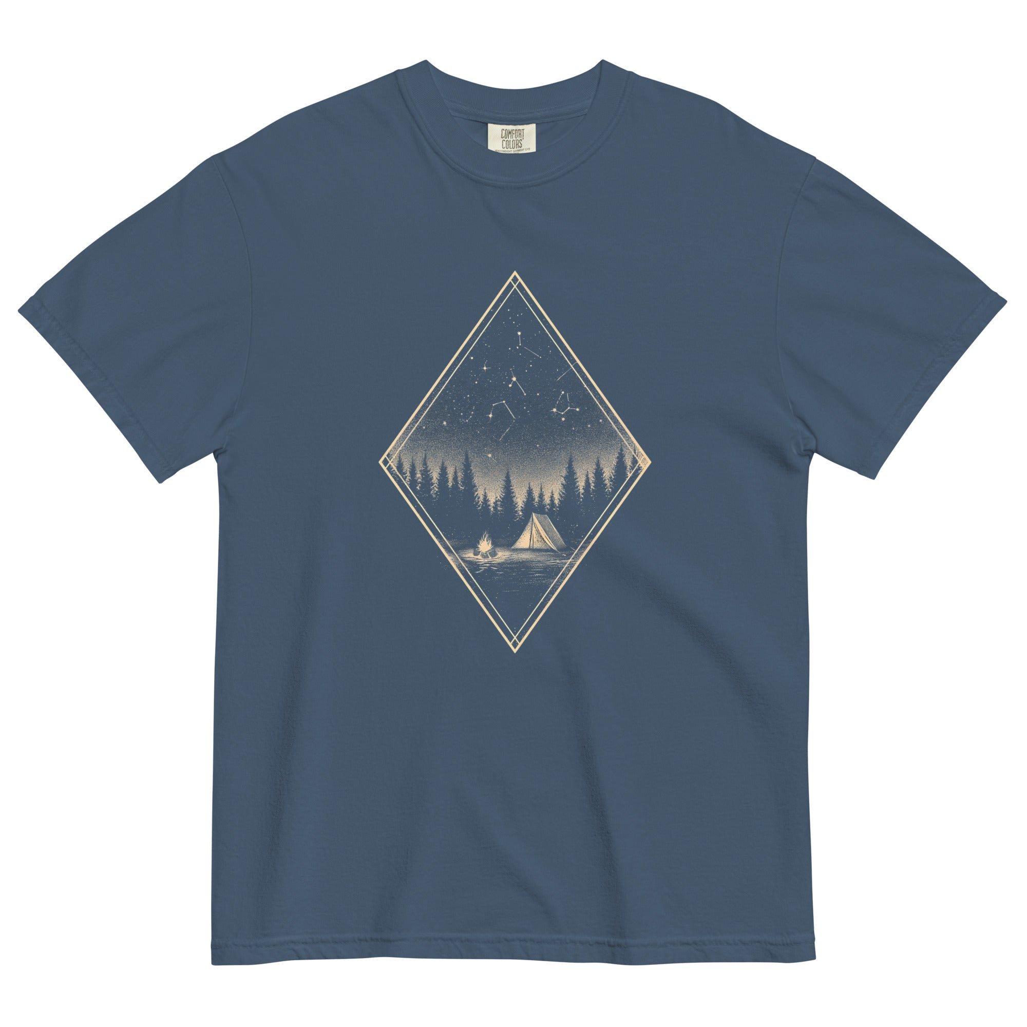 Camping tent and starfield design on a Midnight garment-dyed cotton t-shirt